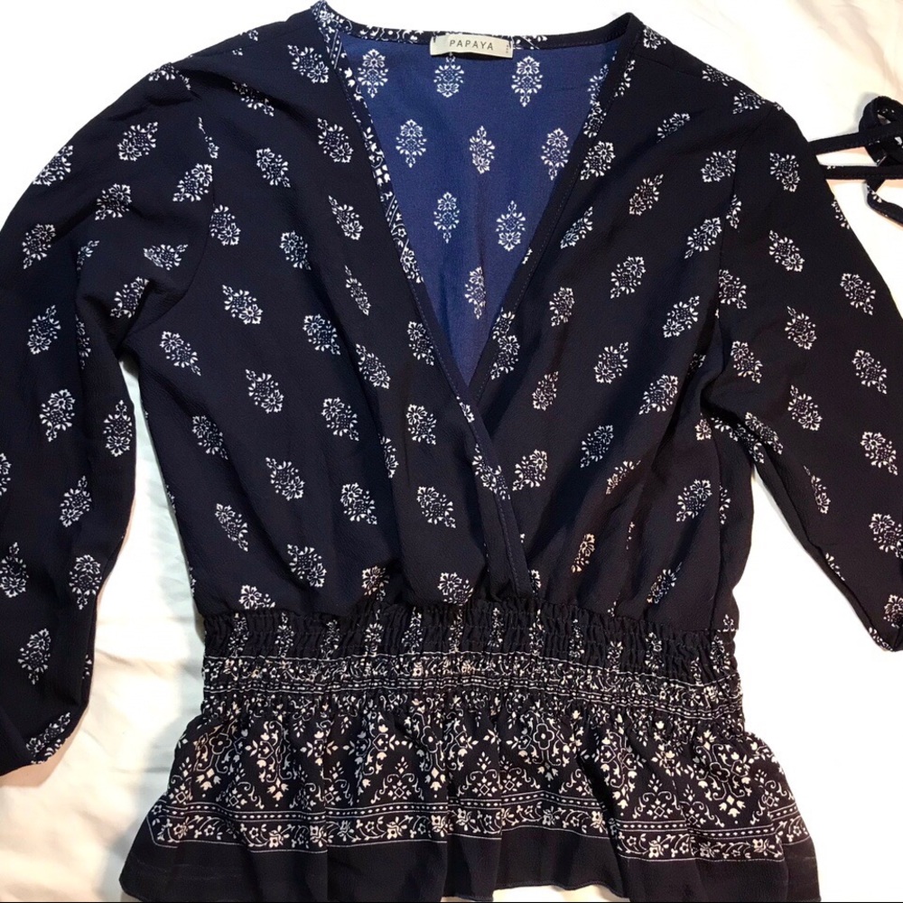 Navy Blue Patterned Surplice V-Cut Blouse